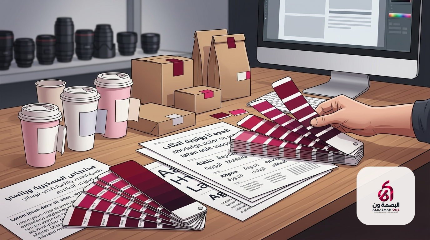 A designer worktable with printed Pantone color swatches, brand guidelines booklets, and paper packaging mockups