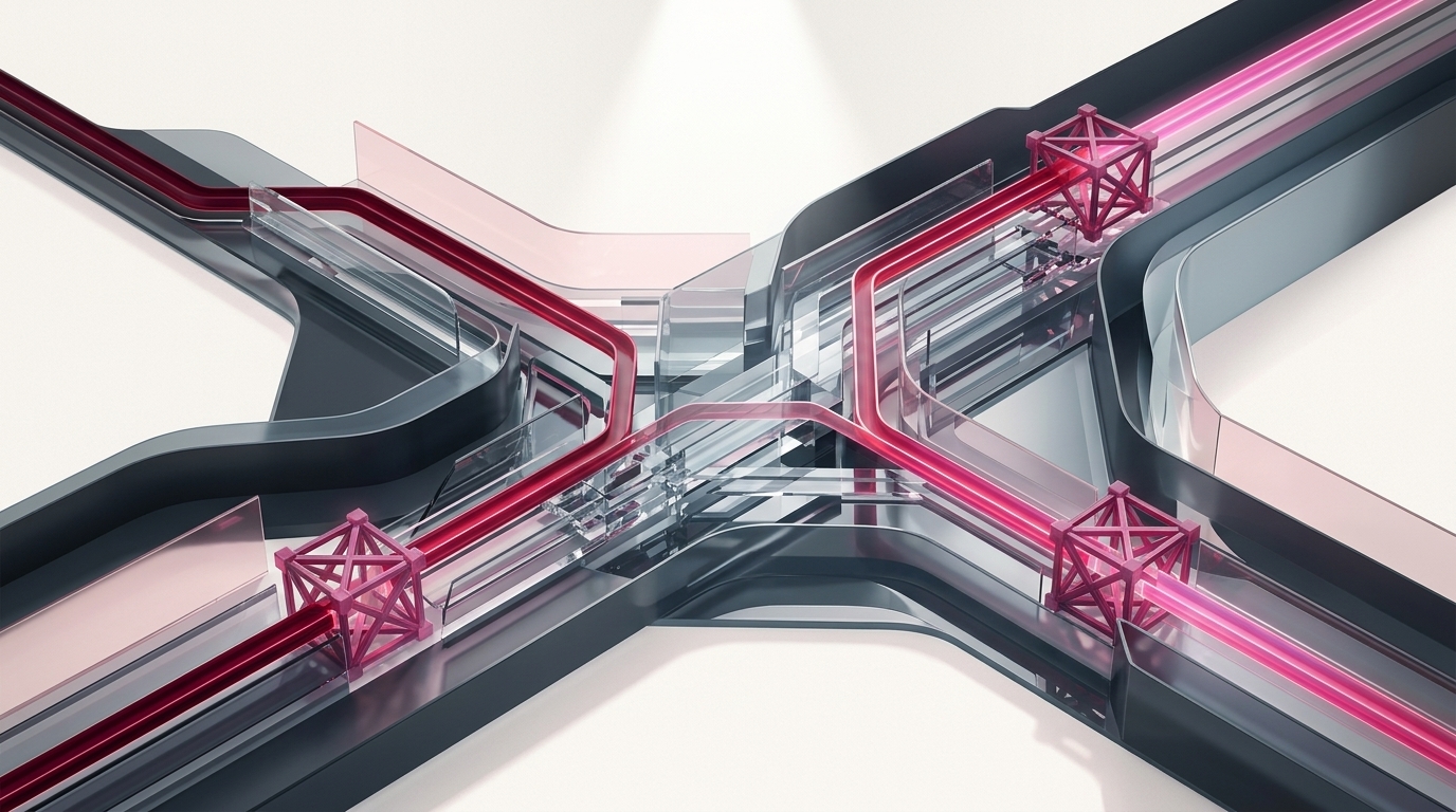 A 3D abstract isometric architectural structure representing data streams and web platform infrastructure with modern ambient lighting.