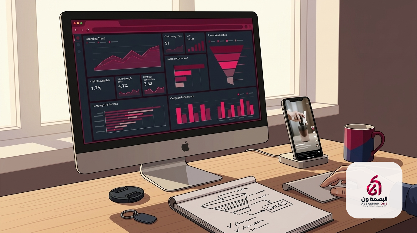 A computer monitor displaying digital ad campaign performance metrics and dashboards next to a smartphone and working notes on an office desk